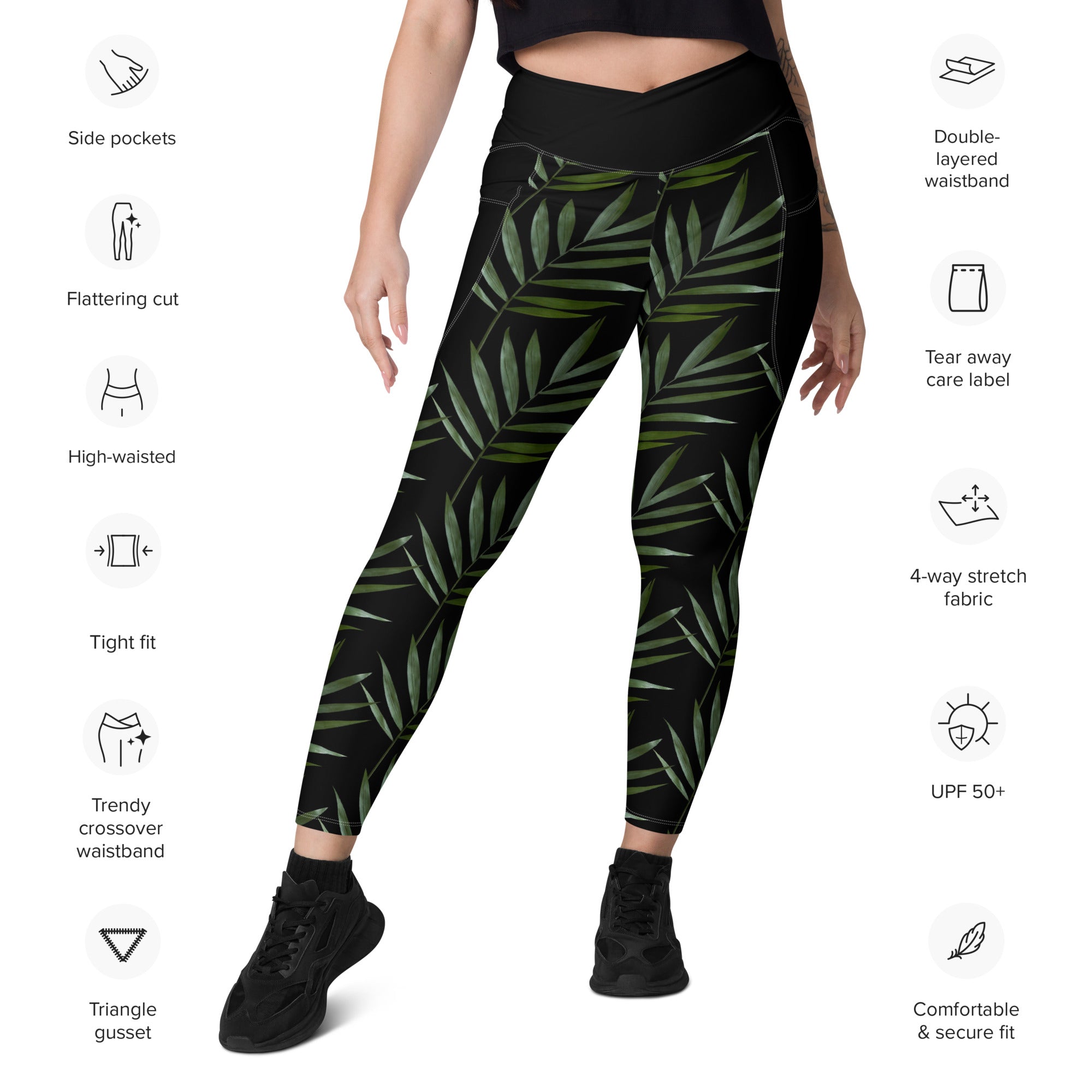 Vineyard Vibes Palm Leaf Crossover leggings with pockets - Black